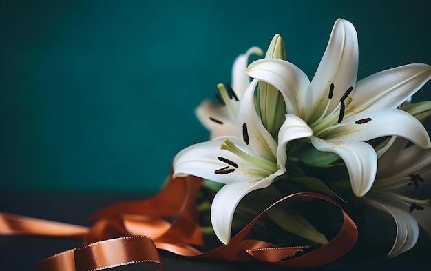 A bouquet of white lilies with a copper ribbon on the side.