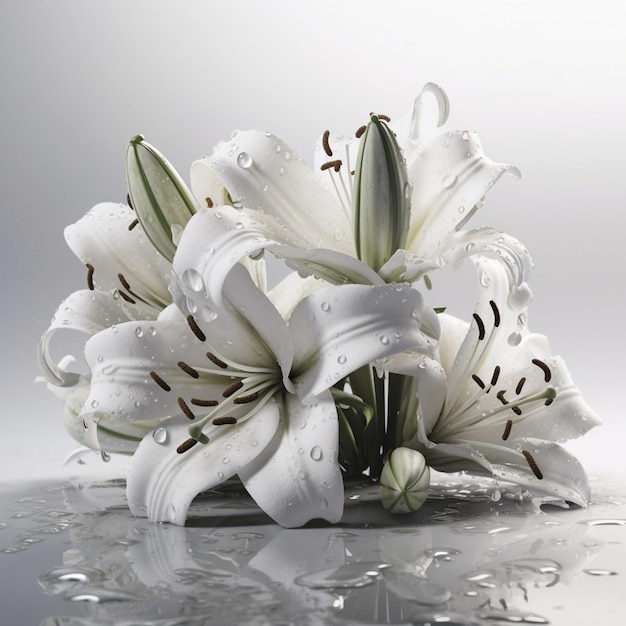 A bouquet of white lilies with water drops on the side.