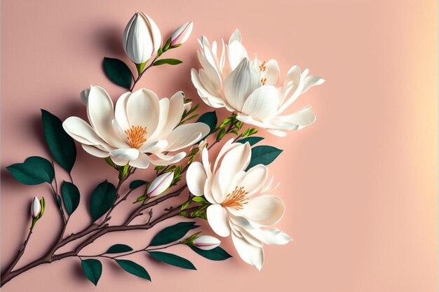 Bouquet of white magnolia on pink background flat lay Generative Ai