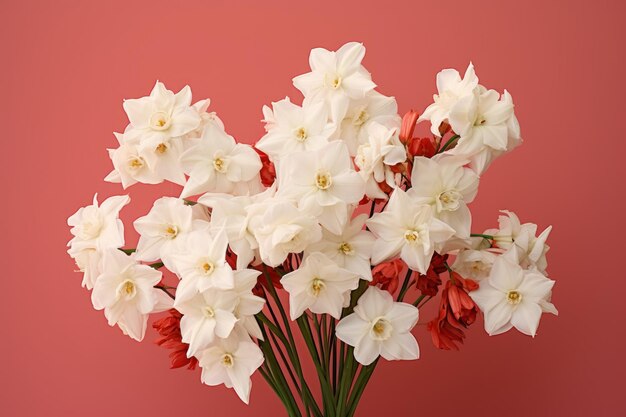 Photo bouquet of white narcissus on a ruby colored backdrop isolated pastel background ar 32 v 52 job id 7aa569e77b624598ad75370cd99c0b9c