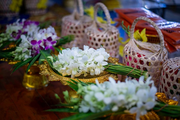 A bouquet of white orchids used in Thai ceremonies