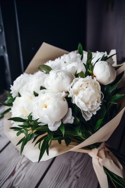 A bouquet of white peonies is on a wooden table.