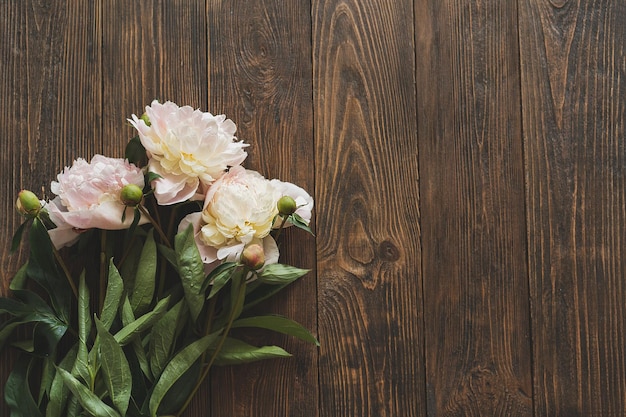 Bouquet white pink peonies flowers on a wooden background Flat lay minimalist aesthetic peonies Beautiful card for Mother's Day or Women's Day