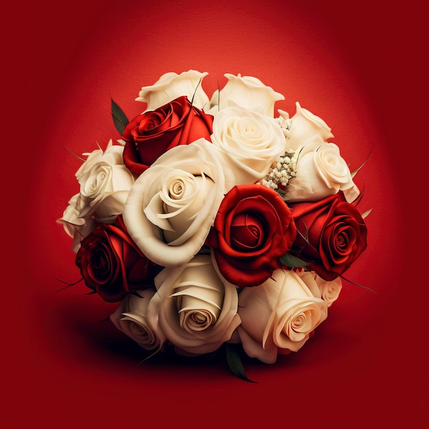 A bouquet of white and red roses flowers as symbol of love and romance against a red color