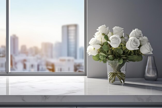 Foto bouquet di rose bianche sul piano di lavoro della finestra monocromatica della cucina e vista sullo spazio della copia della città