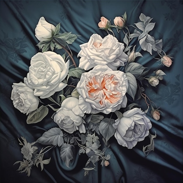 Bouquet of white roses on a dark blue fabric top view