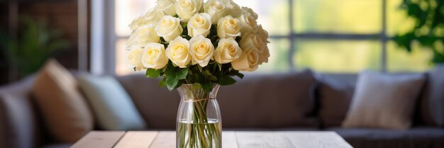 A bouquet of white roses in a glass vase in an apartment or house generative ai