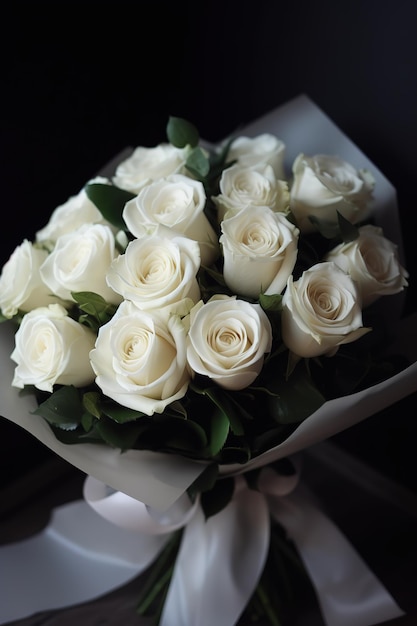 A bouquet of white roses is from the company of the year.