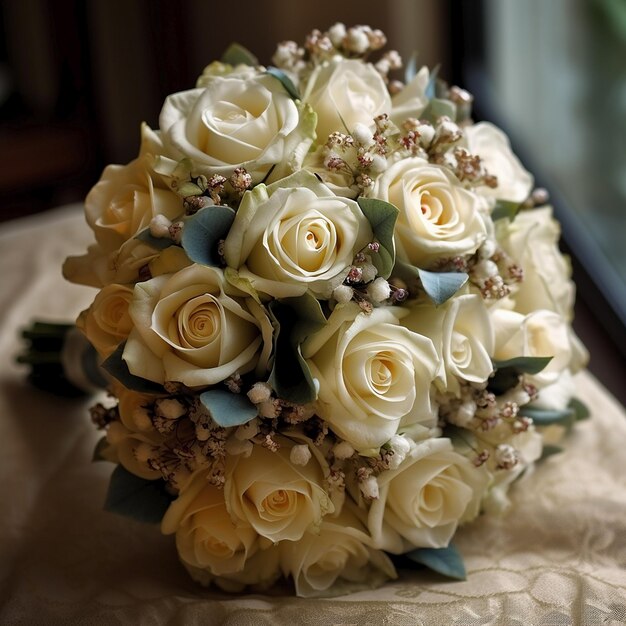 A bouquet of white roses is on a table.