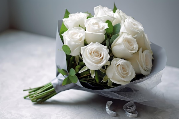 A bouquet of white roses is on a table.