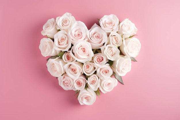 Bouquet of white roses in the shape of a heart on a pink background