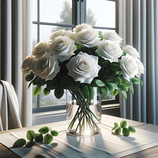 Foto un bouquet di rose bianche in un vaso posto su un tavolo vicino a una finestra