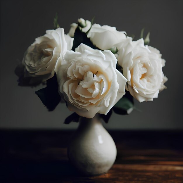 나무 테이블 결혼 선물 장식 그림에 있는 흰색 꽃병에 흰 장미 꽃다발