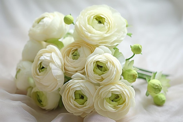 A bouquet of white roses with green leaves and a white background.