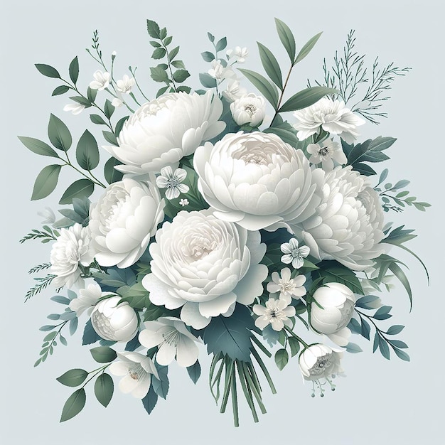 A bouquet of white roses with green leaves and white flowers