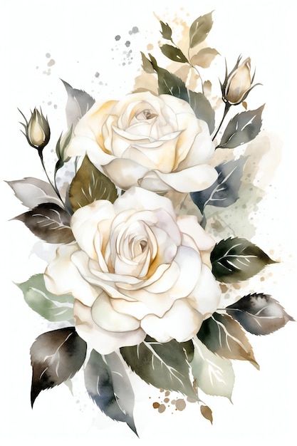 A bouquet of white roses with leaves and buds.