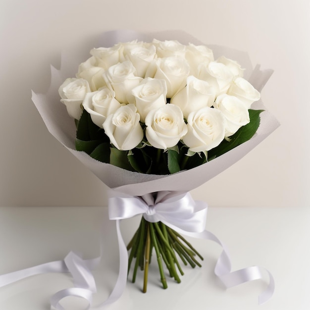 a bouquet of white roses with a ribbon tied around the bottom