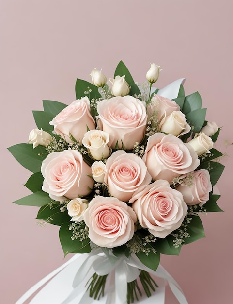 A bouquet of white roses with a soft pastel pink background ai generated