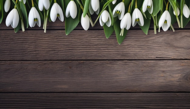 Bouquet of white snowdrops on wooden background with copy space