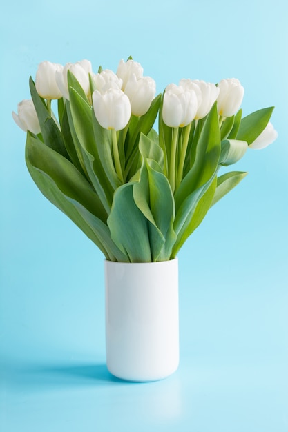 Bouquet of white tulip in vase on blue.