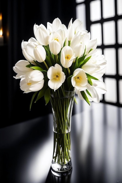 bouquet of white tulips on an abstract black and white background