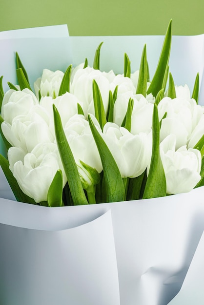 白いチューリップの花束がパステル緑の背景にいています花がいていますお祝いのコンセプトです
