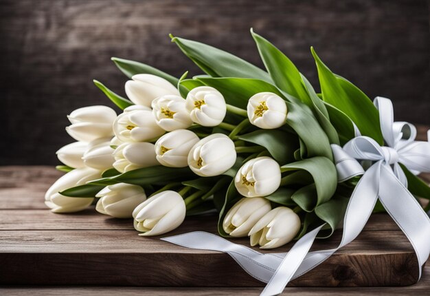 Bouquet of white tulips with ribbon on a wooden table Generative AI