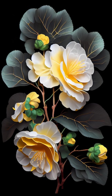 Bouquet of white and yellow flowers on a black background generative ai