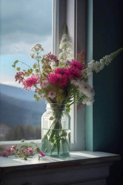 山の風景の背景にガラスの花瓶に野の花の花束