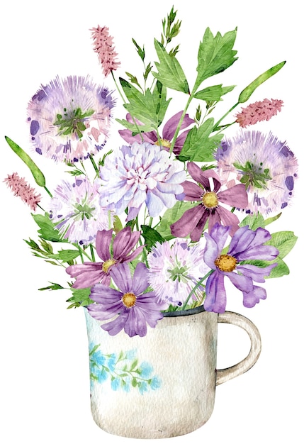 A bouquet of wildflowers in the mug. Watercolor illustration with meadow herbs and flowers