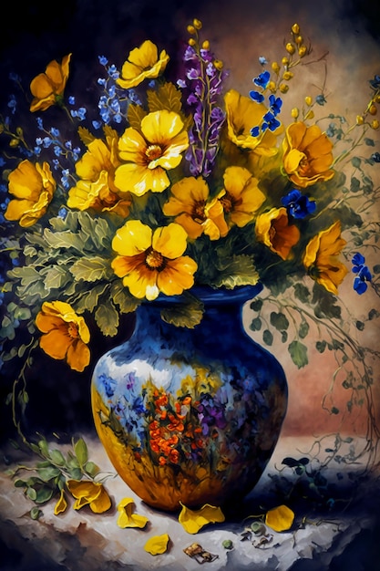 Bouquet of wildflowers in yellow watercolor painting.