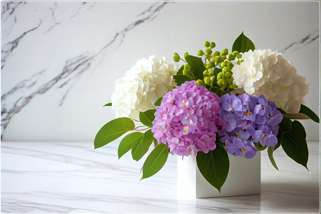 Bouquet with beautiful hydrangea flowers on white