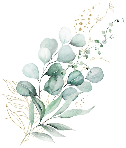 Bouquet with green and golden watercolor eucalyptus leaves wedding illustration