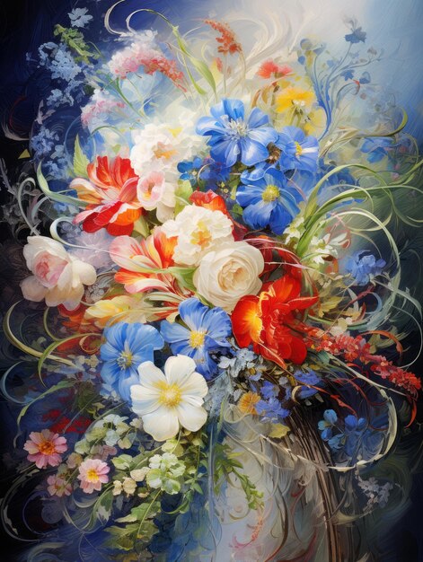 Bouquet with White Yellow Blue and Red Flowers