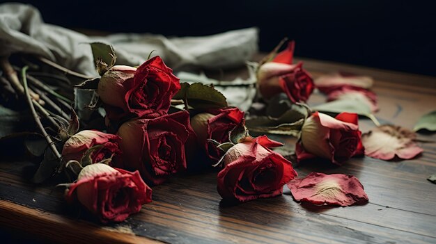 Photo bouquet of withered roses with their petals falling on a wooden table copy space