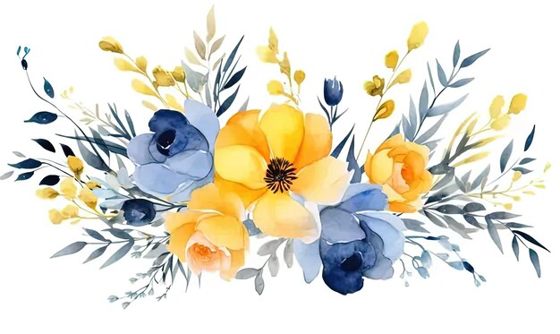 A bouquet of yellow and blue flowers on a white background