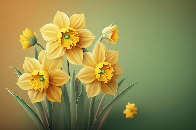 A bouquet of yellow daffodils on a green background generative AI