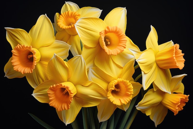 a bouquet of yellow daffodils with a black background.