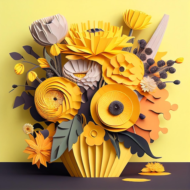 Bouquet of yellow flowers in paper style Generative AI