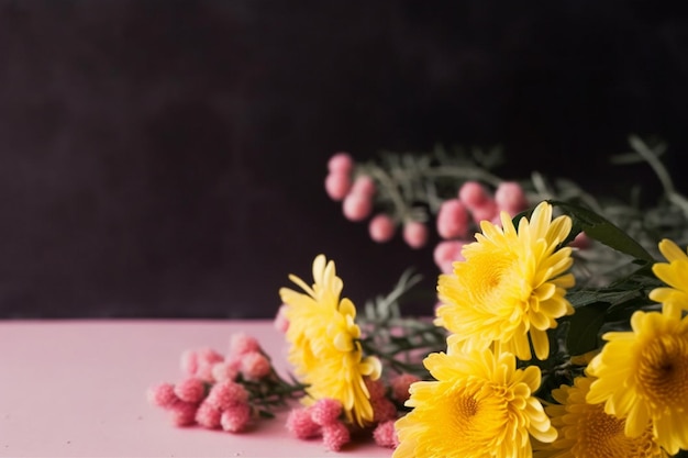 ピンクのテーブルに黄色い花の花束