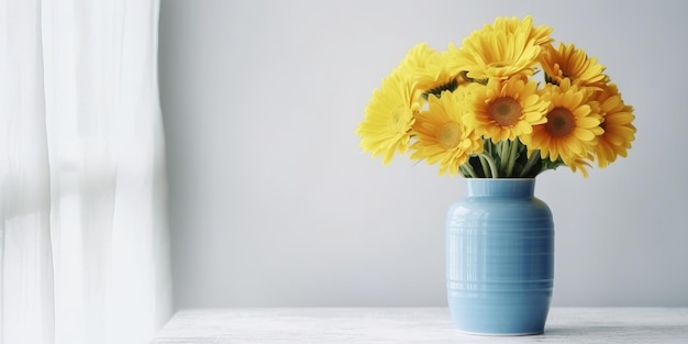 Bouquet of yellow gerbera daisies flowers in blue vase color