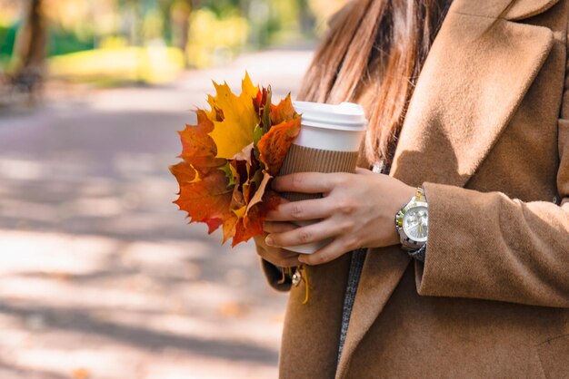 Bouquet of yellow maple leaves close up in woman hand