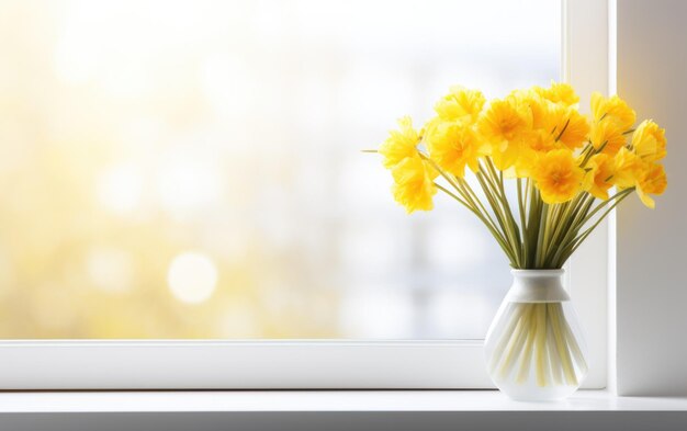 Bouquet of yellow narcissus flowers in a vase on the white windowsill