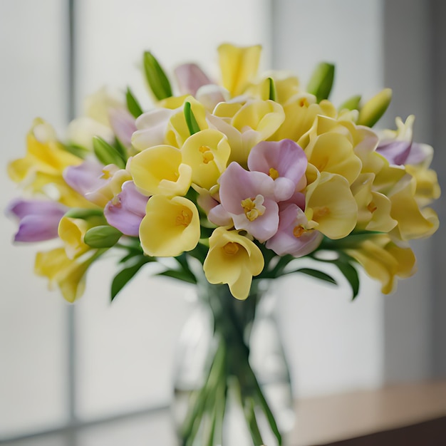 a bouquet of yellow and purple flowers in a vase