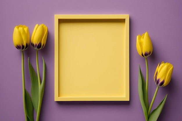 Bouquet of yellow and purple tulips on pastel background Mothers day Valentines Day Birthday celebration concept Greeting card Copy space for text top view