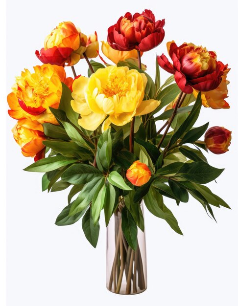 Bouquet of yellow and red peonies on a white background