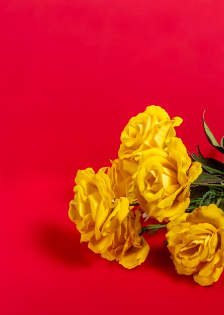 Bouquet of yellow roses on a red background