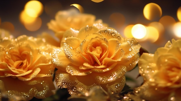 A bouquet of yellow roses with gold glitter on them.