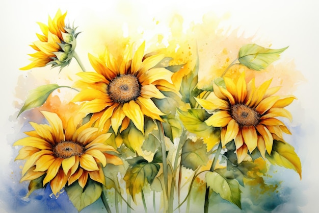 Bouquet of yellow sunflowers watercolor painting