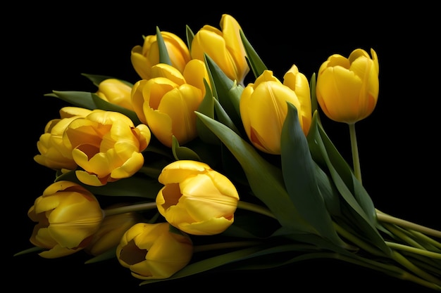 Bouquet of yellow tulips on black background